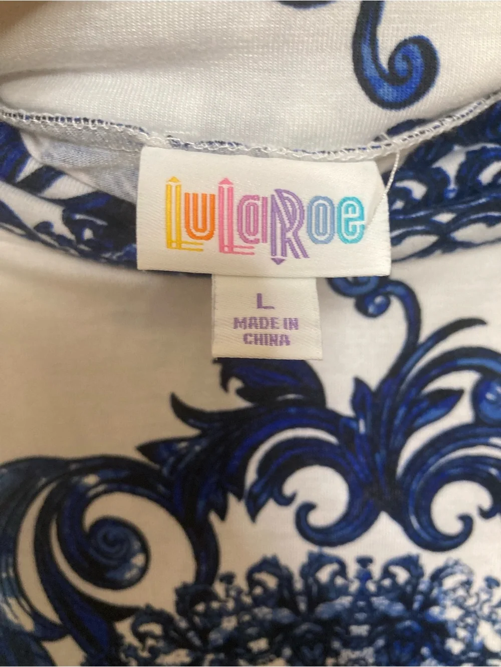 LuLaRoe Olivia High-Low Maxi Skirt White Blue Medallion Damask Boho Size L